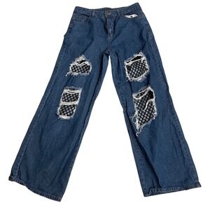Hot Topic Womens Indigo‎ Destructed Fishnet Wide Leg Denim Pants Ripped large